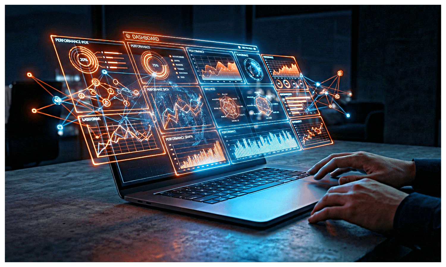 Futuristic workspace and digital dashboard